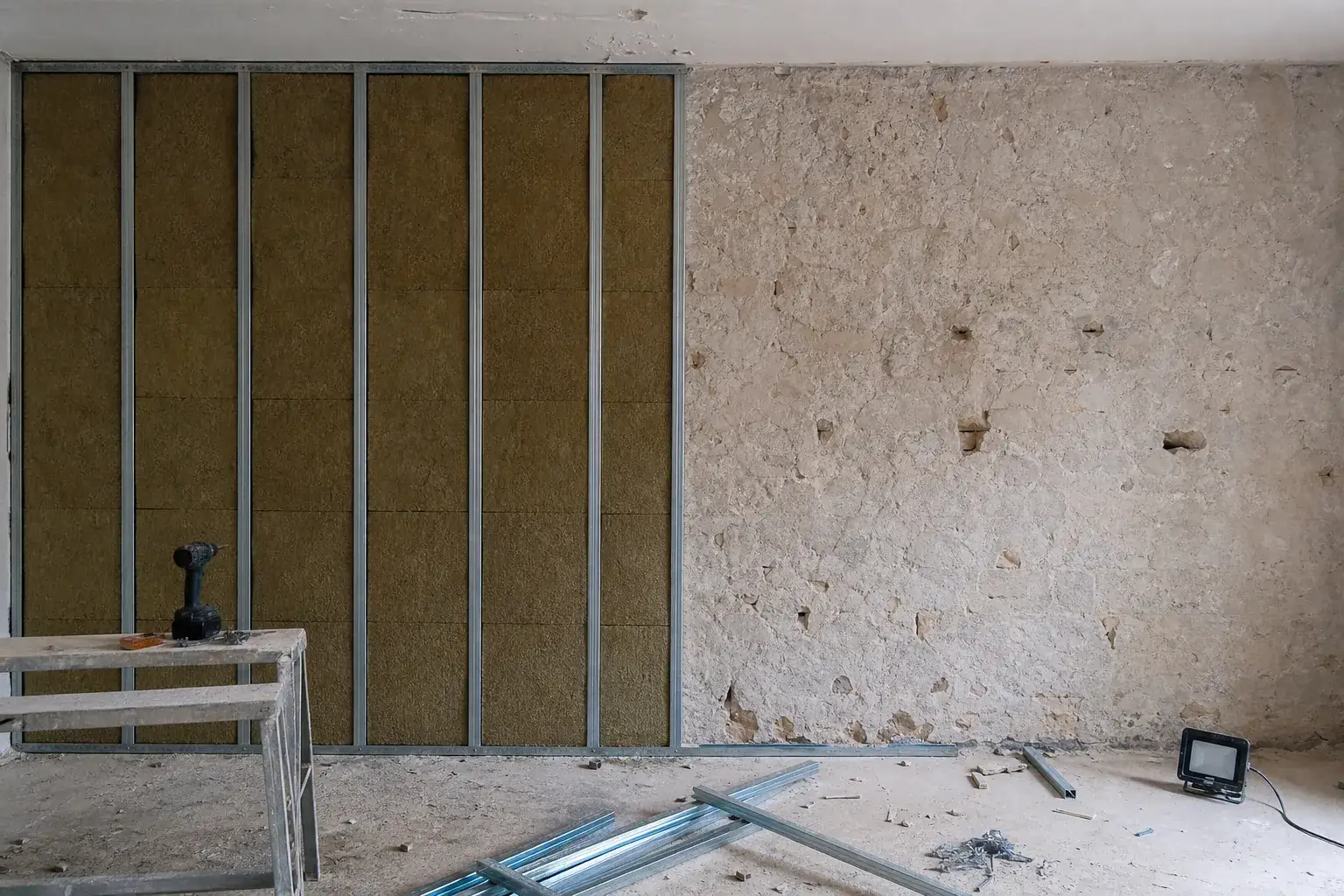 Mur dont la moitié gauche porte une ossature de doublage garnie d’isolant, la moitié droite restant en plâtre ancien piqueté