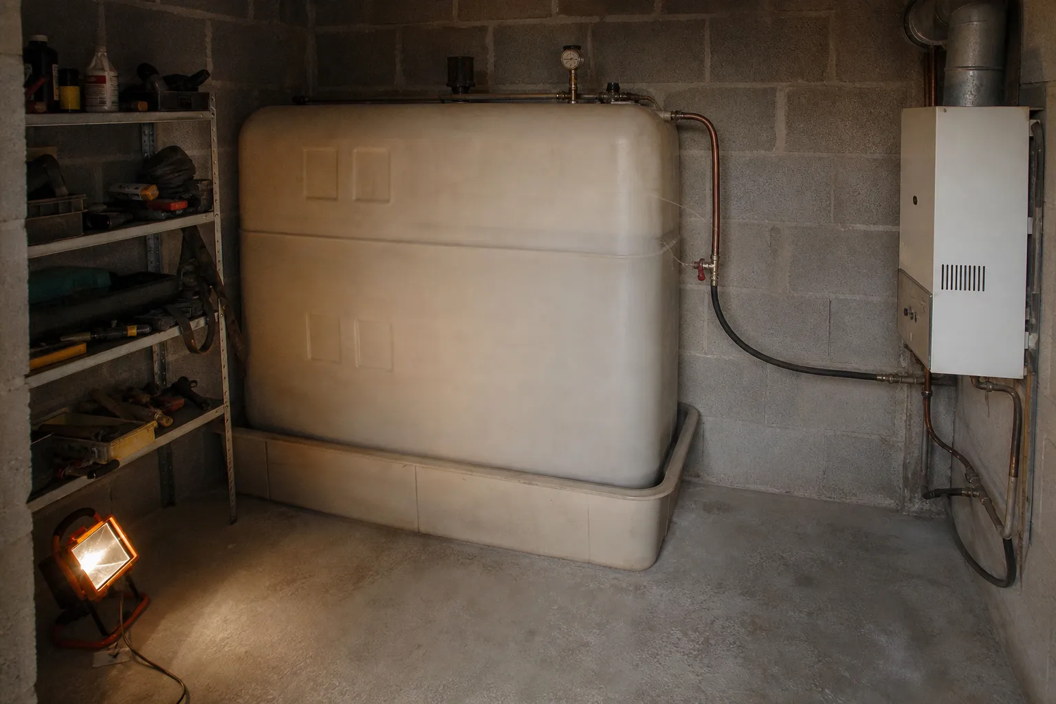 Local technique de maison où une cuve à fioul en rétention occupe presque tout le volume, à côté d’une chaudière murale ancienne
