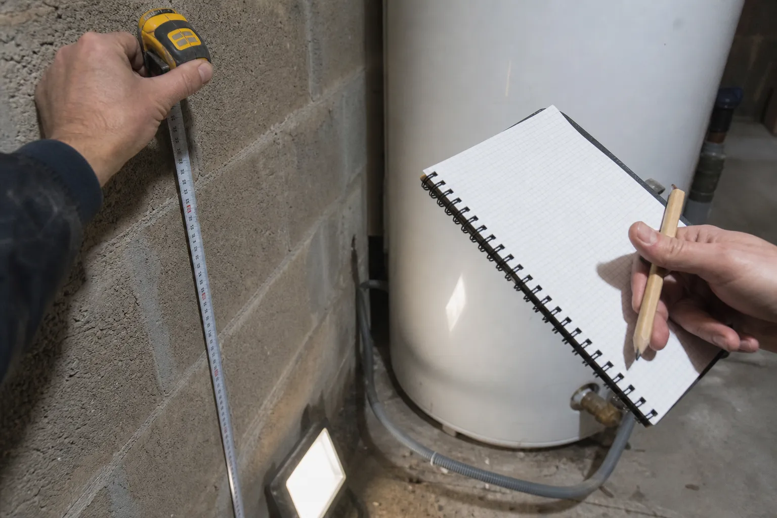 Mains d’artisan relevant une hauteur au mètre ruban contre un mur de parpaing, carnet et crayon plat dans l’autre main