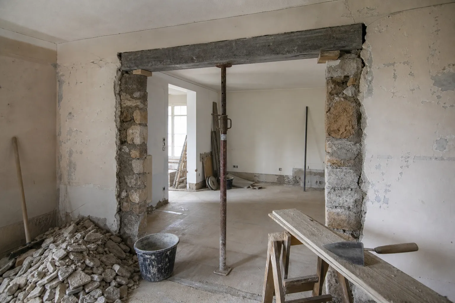 Ouverture de passage percée dans un mur intérieur, linteau calé et étai métallique en place, gravats au sol